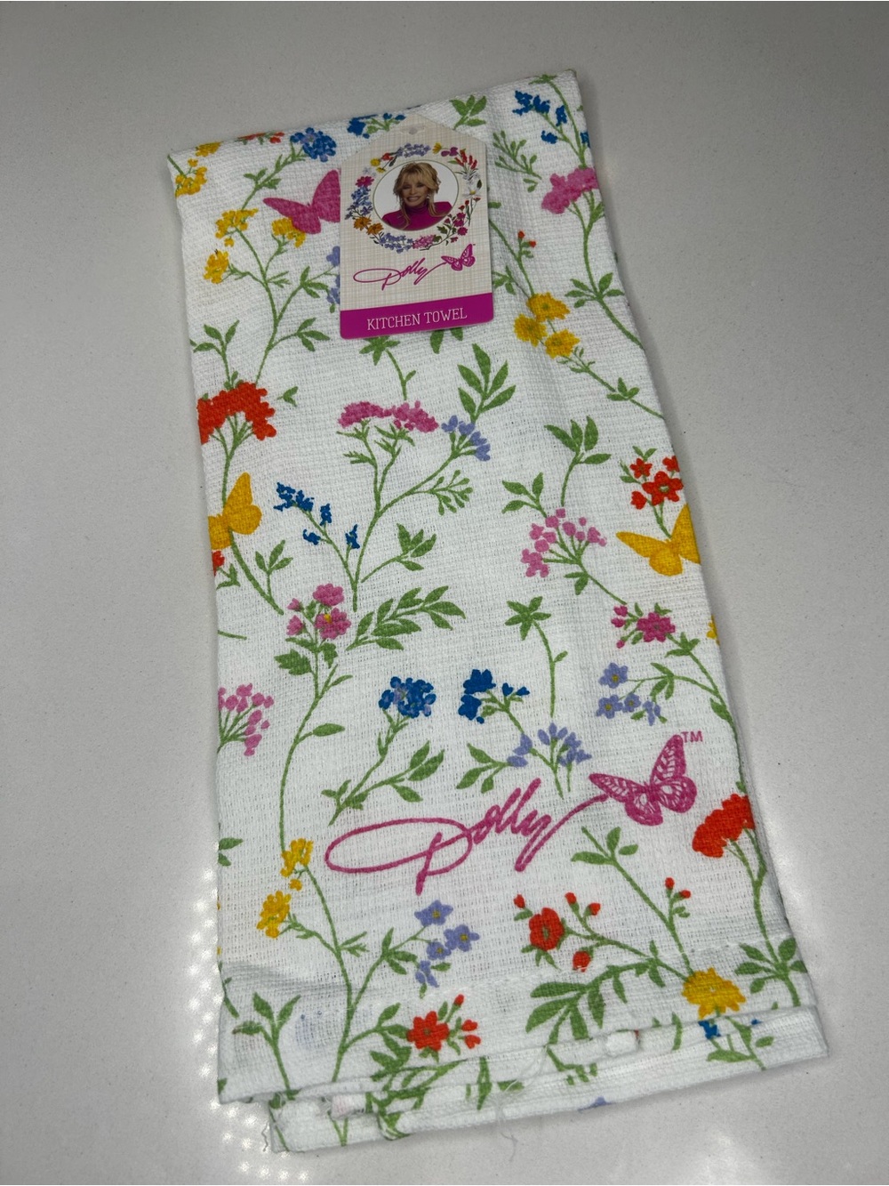 NWT Dolly Parton Floral Kitchen Towel – White with Multicolor Flowers